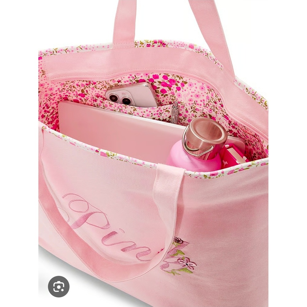 Victorias Secret PINK Floral Embroidered Canvas Tote Bag Pink Zip Top NWT - Picture 5 of 8